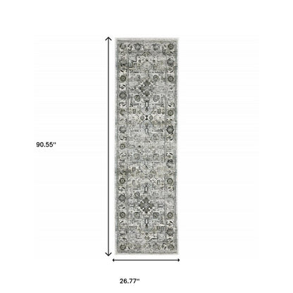 2' X 8' Ivory Grey Charcoal Blue And Taupe Oriental Power Loom Stain Resistant Runner Rug