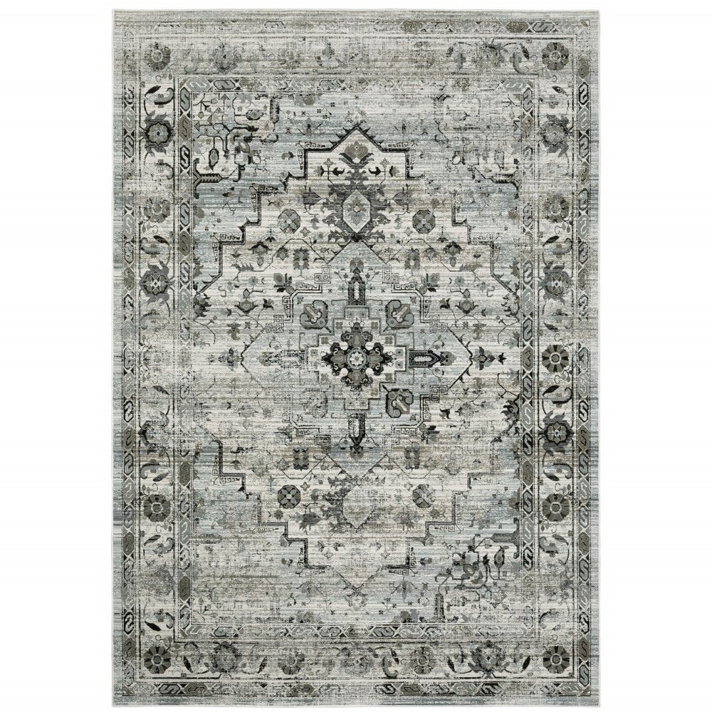 4' X 6' Gray And Blue Oriental Distressed Area Rug