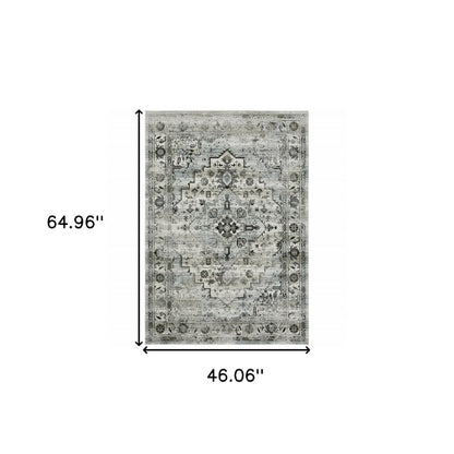 4' X 6' Gray And Blue Oriental Distressed Area Rug
