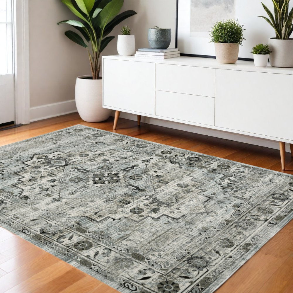 4' X 6' Gray And Blue Oriental Distressed Area Rug