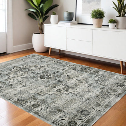 4' X 6' Gray And Blue Oriental Distressed Area Rug