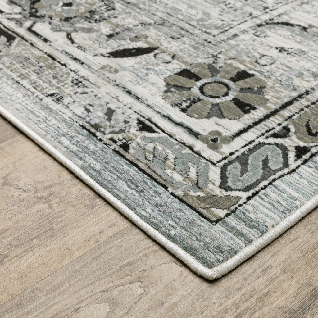 5' X 8' Ivory Grey Charcoal Blue And Taupe Oriental Power Loom Stain Resistant Area Rug