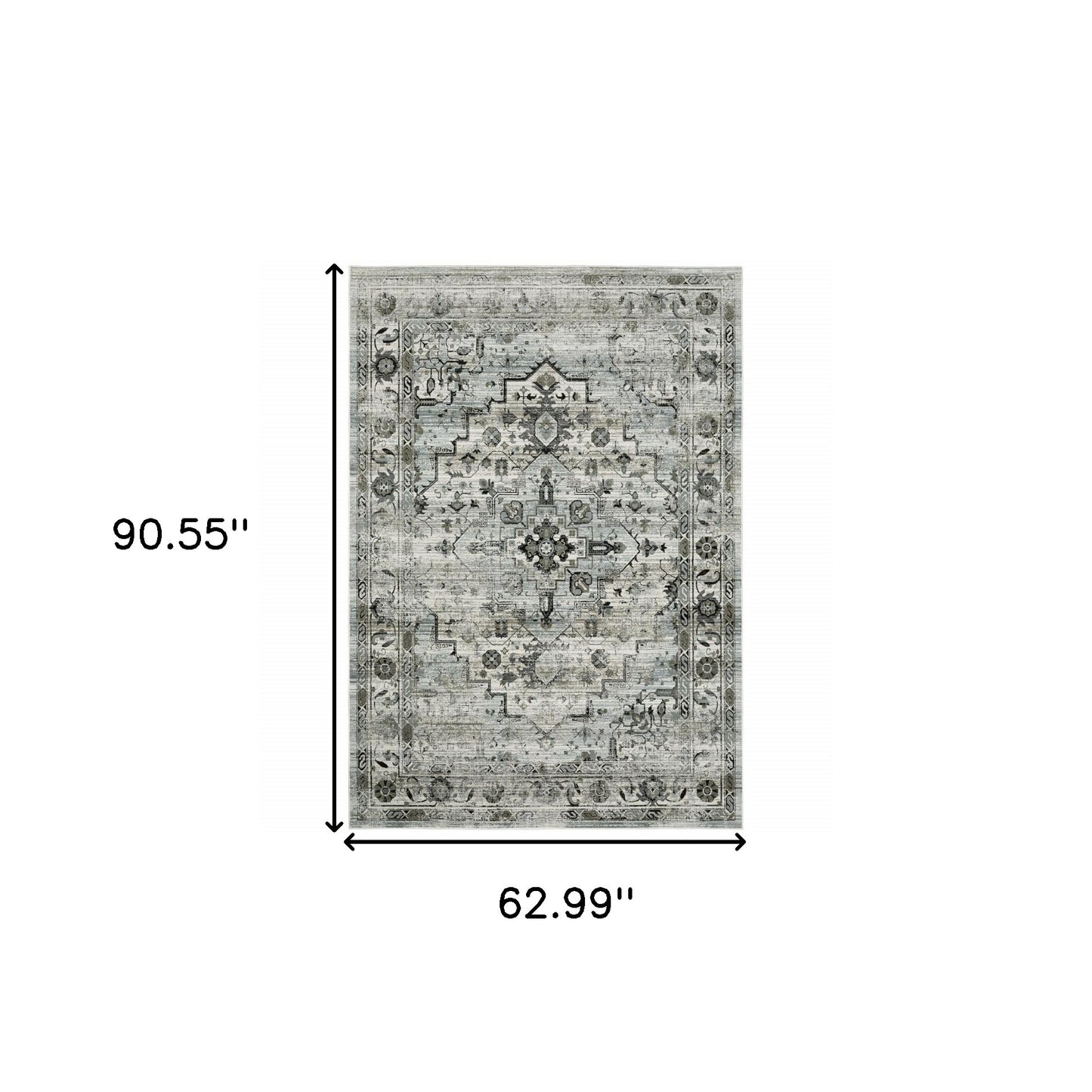 5' X 8' Ivory Grey Charcoal Blue And Taupe Oriental Power Loom Stain Resistant Area Rug