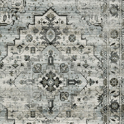 5' X 8' Ivory Grey Charcoal Blue And Taupe Oriental Power Loom Stain Resistant Area Rug