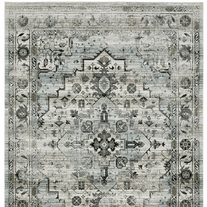 5' X 8' Ivory Grey Charcoal Blue And Taupe Oriental Power Loom Stain Resistant Area Rug