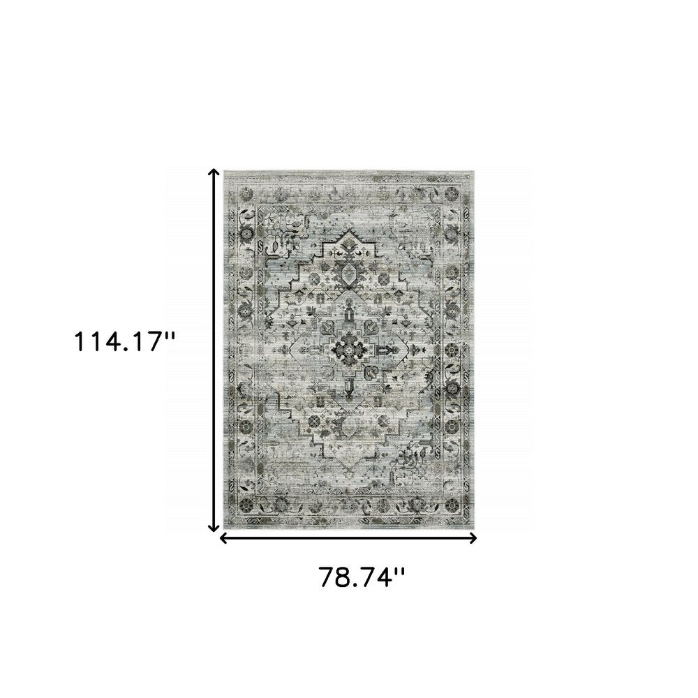 6' X 9' Ivory Grey Charcoal Blue And Taupe Oriental Power Loom Stain Resistant Area Rug