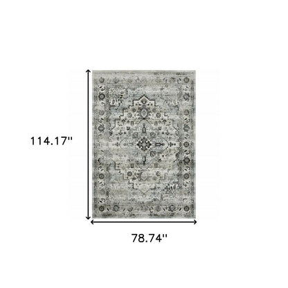 6' X 9' Ivory Grey Charcoal Blue And Taupe Oriental Power Loom Stain Resistant Area Rug