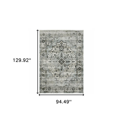 8' X 11' Ivory Grey Charcoal Blue And Taupe Oriental Power Loom Stain Resistant Area Rug