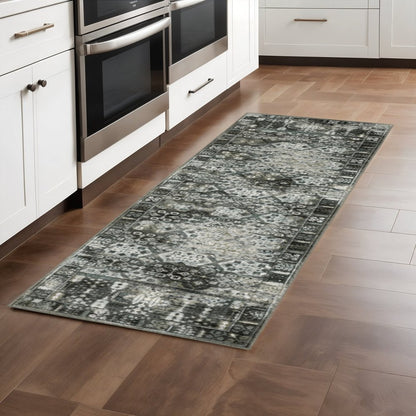 2' X 8' Charcoal Grey Blue Ivory And Taupe Oriental Power Loom Stain Resistant Runner Rug