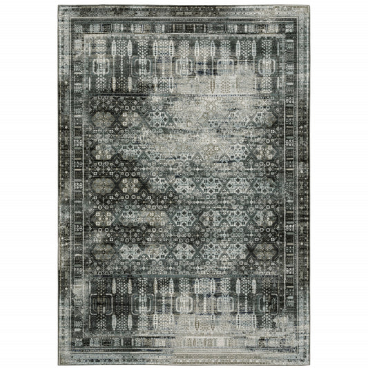 4' X 6' Charcoal Grey Blue Ivory And Taupe Oriental Power Loom Stain Resistant Area Rug