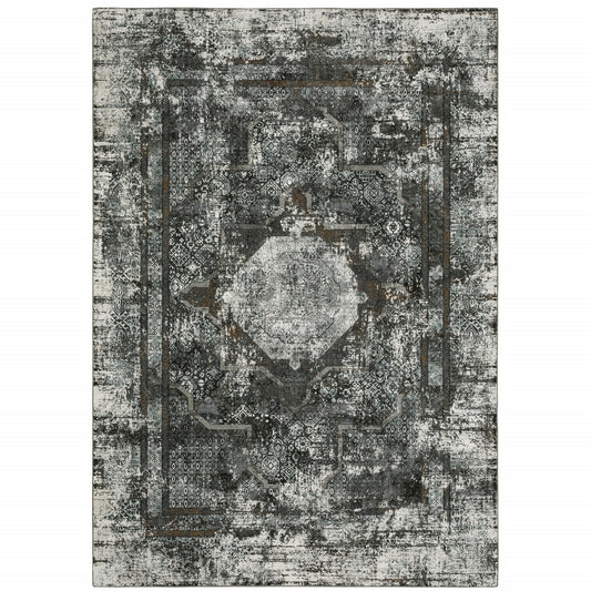 4' X 6' Charcoal Rust Grey Blue Ivory And Brown Oriental Power Loom Stain Resistant Area Rug