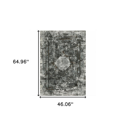 4' X 6' Charcoal Rust Grey Blue Ivory And Brown Oriental Power Loom Stain Resistant Area Rug