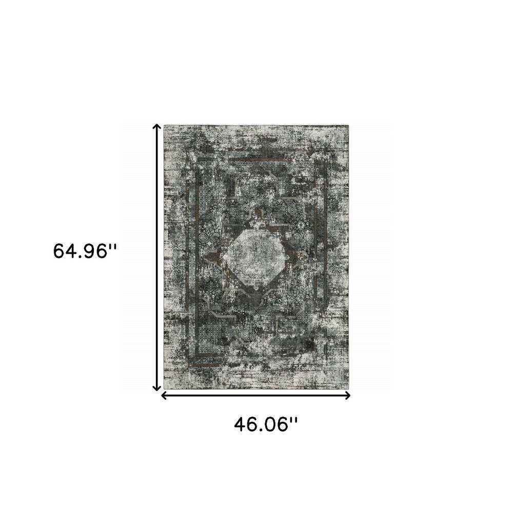 4' X 6' Charcoal And Gray Oriental Distressed Area Rug