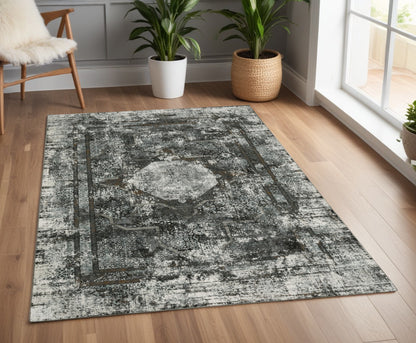 4' X 6' Charcoal Rust Grey Blue Ivory And Brown Oriental Power Loom Stain Resistant Area Rug