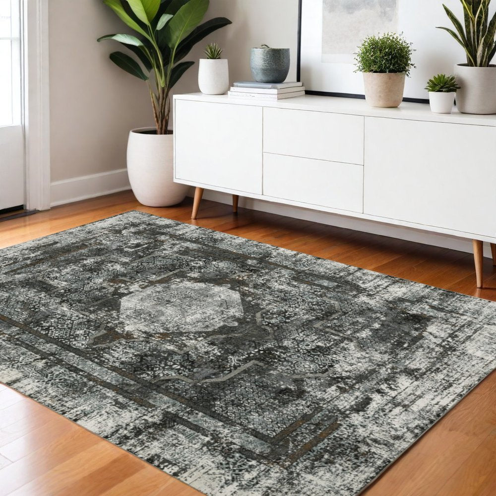 4' X 6' Charcoal And Gray Oriental Distressed Area Rug