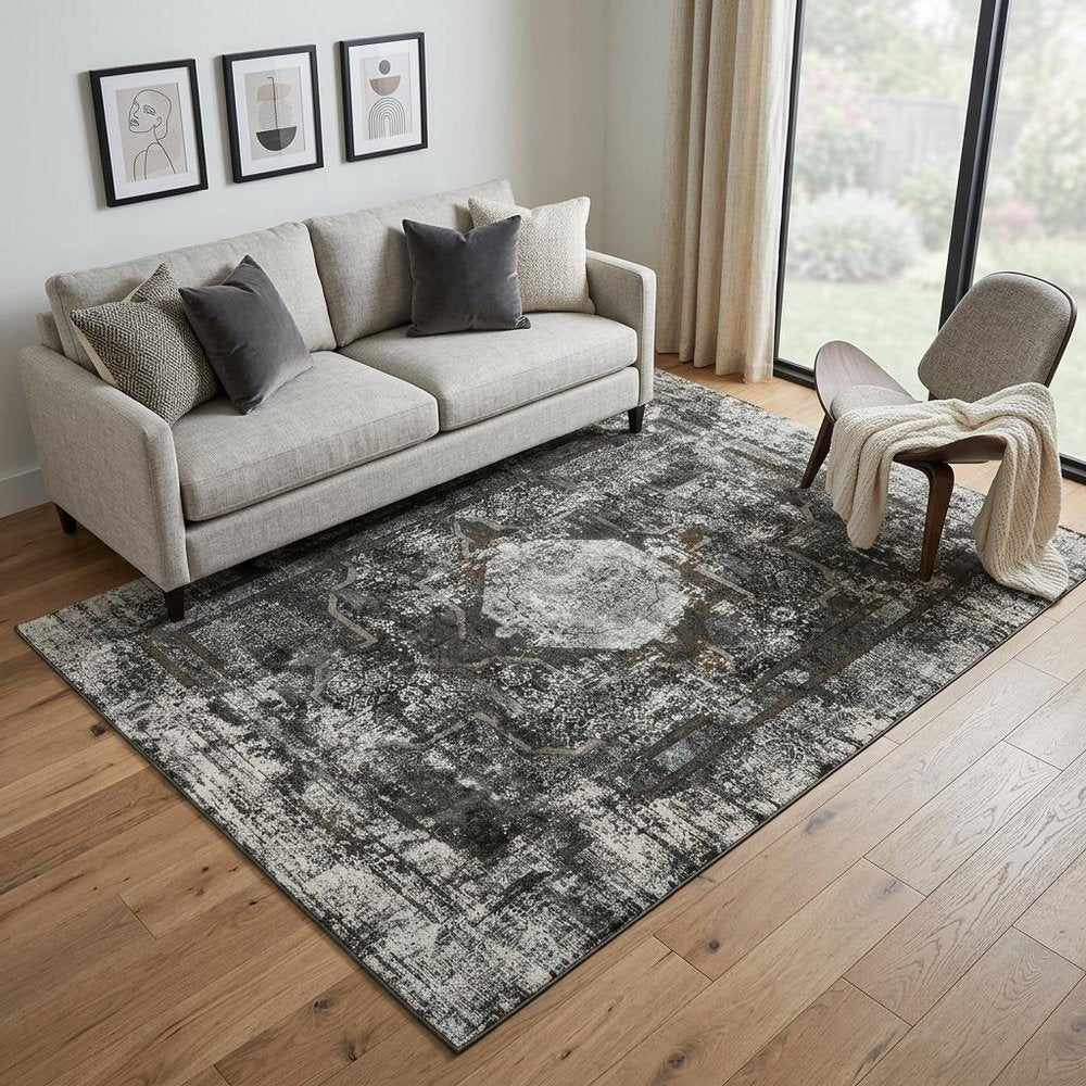 5' X 8' Charcoal And Gray Oriental Distressed Area Rug