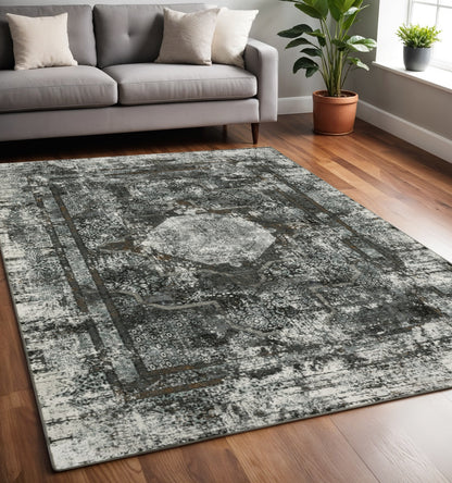 5' X 8' Charcoal Rust Grey Blue Ivory And Brown Oriental Power Loom Stain Resistant Area Rug