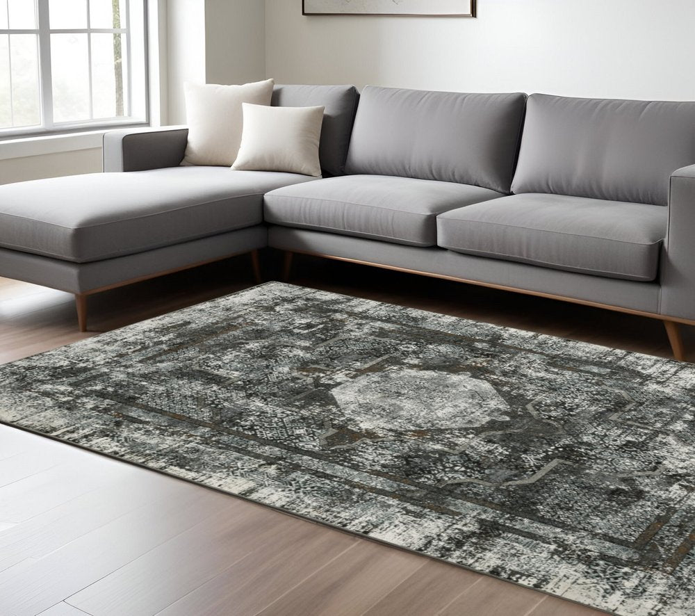 7' X 10' Charcoal And Gray Oriental Distressed Area Rug