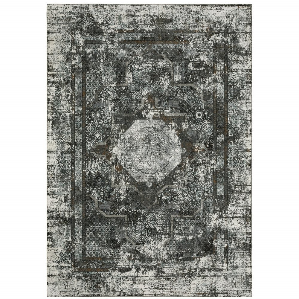 8' X 11' Charcoal And Gray Oriental Distressed Area Rug