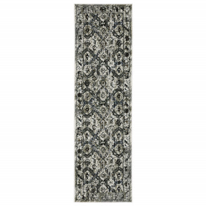 2' X 8' Ivory Charcoal Grey Blue Rust Gold And Brown Oriental Power Loom Stain Resistant Runner Rug