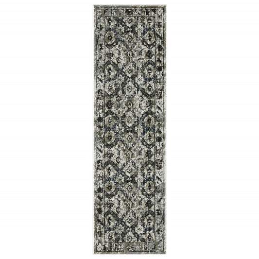 2' X 8' Ivory Charcoal Grey Blue Rust Gold And Brown Oriental Power Loom Stain Resistant Runner Rug