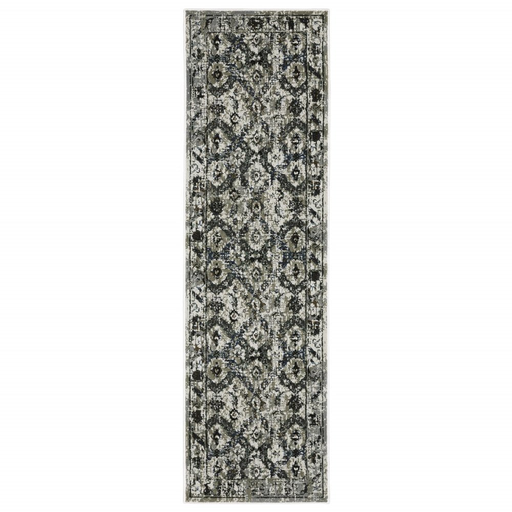 2' X 8' Ivory Charcoal Grey Blue Rust Gold And Brown Oriental Power Loom Stain Resistant Runner Rug