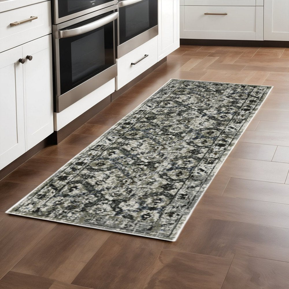 2' X 8' Ivory Charcoal Grey Blue Rust Gold And Brown Oriental Power Loom Stain Resistant Runner Rug