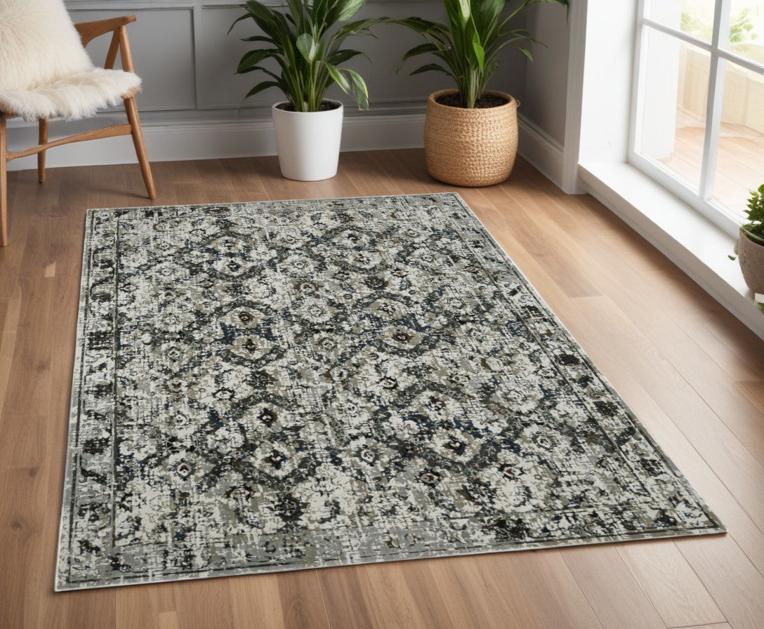 4' X 6' Ivory Charcoal Grey Blue Rust Gold And Brown Oriental Power Loom Stain Resistant Area Rug