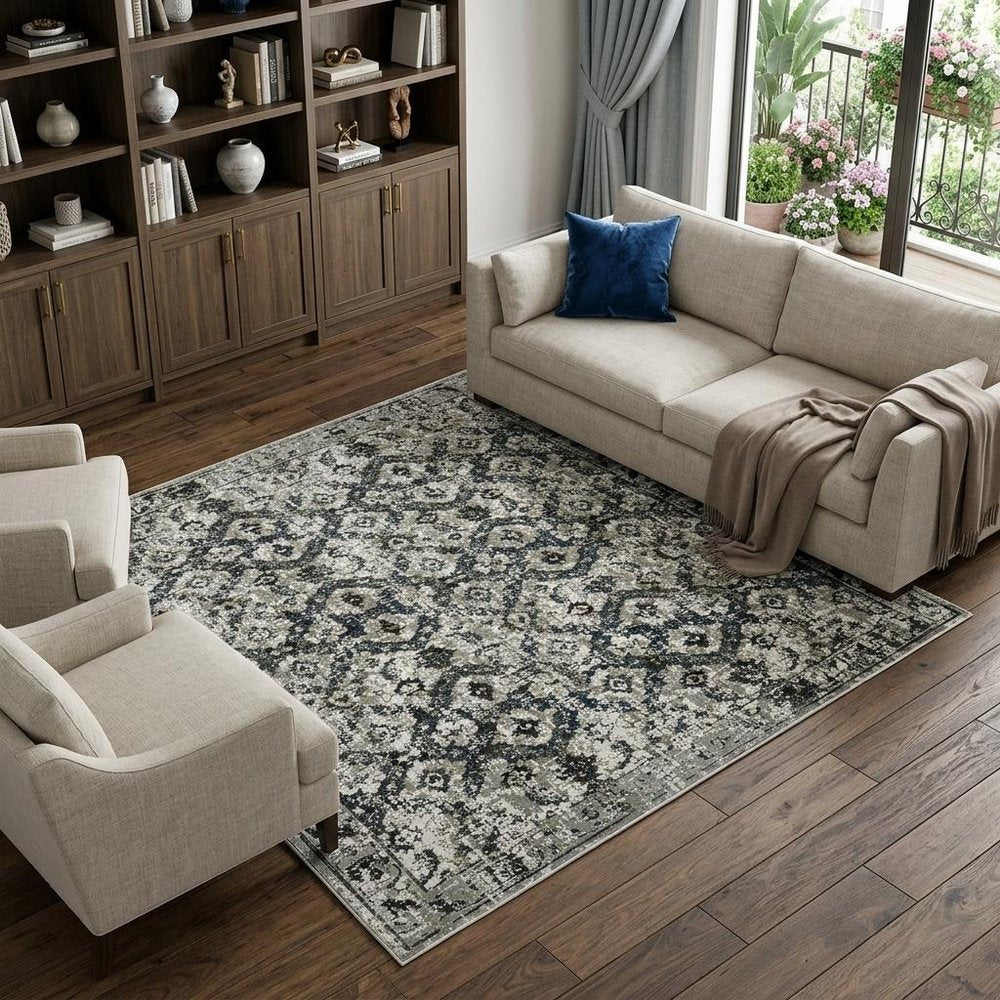 7' X 10' Charcoal And Gray Oriental Distressed Area Rug