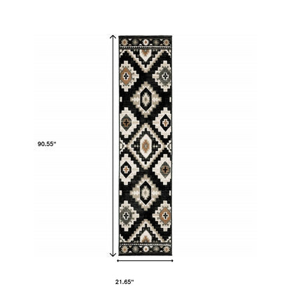 2' X 8' Black Grey Tan Orange And Ivory Southwestern Power Loom Stain Resistant Runner Rug