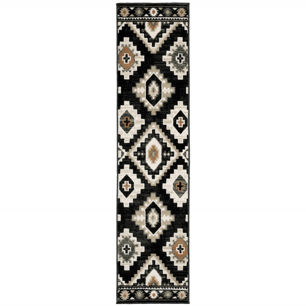 2' X 8' Black Grey Tan Orange And Ivory Southwestern Power Loom Stain Resistant Runner Rug