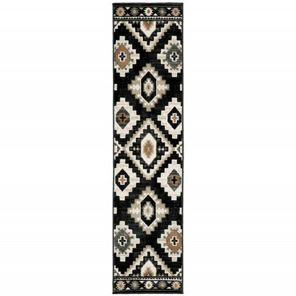 2' X 8' Black Grey Tan Orange And Ivory Southwestern Power Loom Stain Resistant Runner Rug