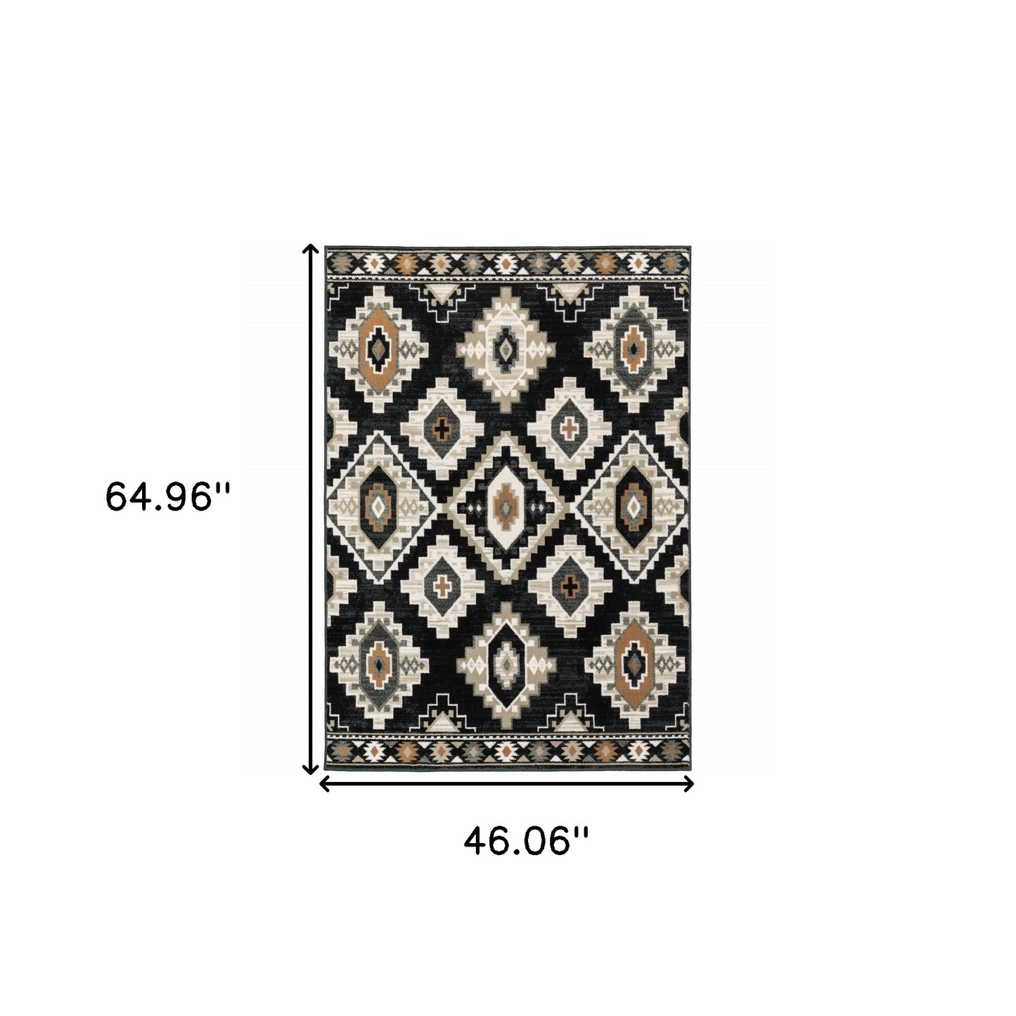 4' X 6' Black Grey Tan Orange And Ivory Southwestern Power Loom Stain Resistant Area Rug