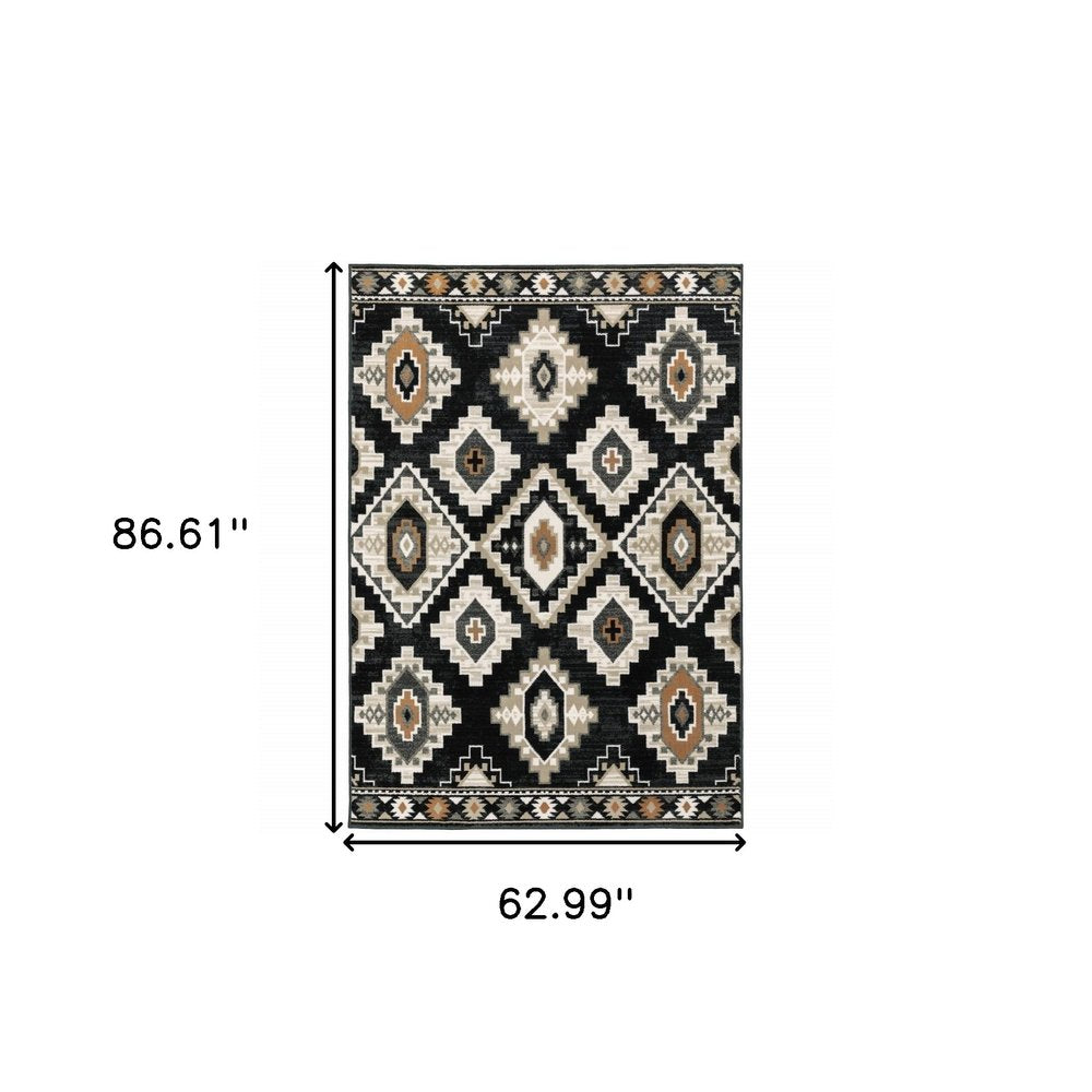 5' X 7' Black Grey Tan Orange And Ivory Southwestern Power Loom Stain Resistant Area Rug