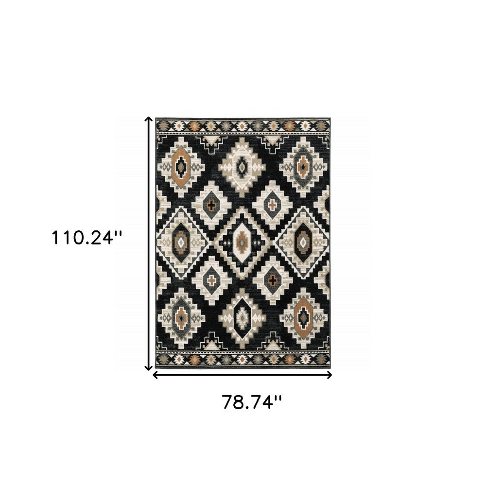 7' X 9' Ivory And Black Southwestern Area Rug
