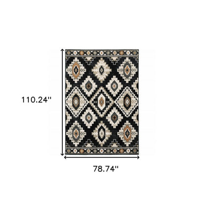7' X 9' Ivory And Black Southwestern Area Rug