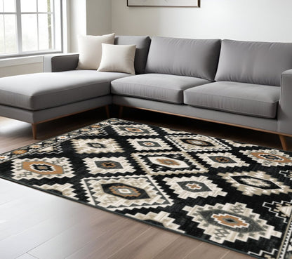 7' X 9' Ivory And Black Southwestern Area Rug