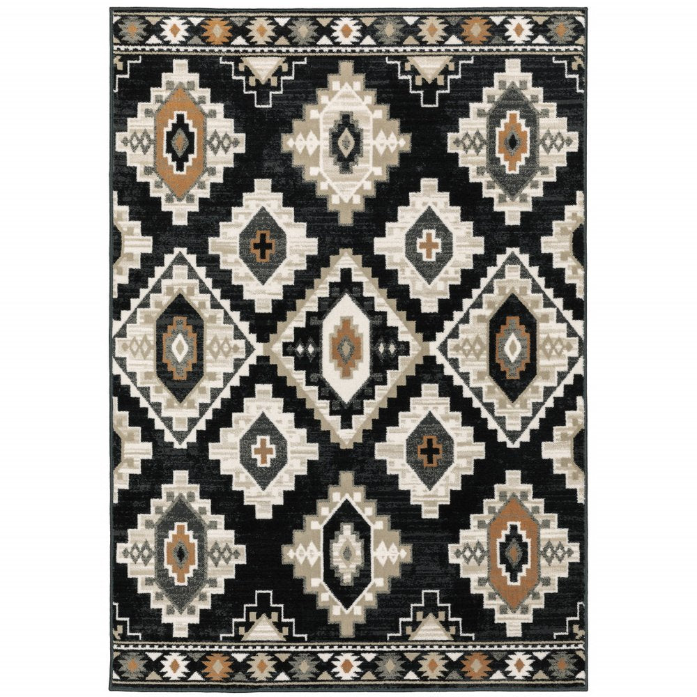7' X 9' Ivory And Black Southwestern Area Rug