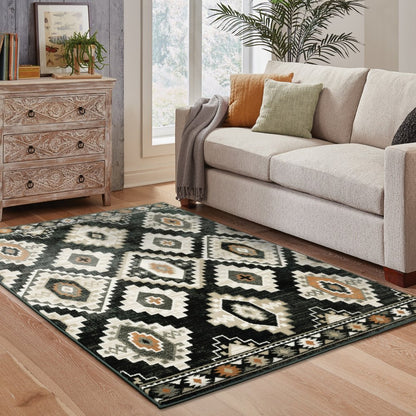 7' X 9' Ivory And Black Southwestern Area Rug
