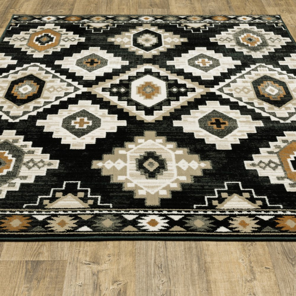 7' X 9' Ivory And Black Southwestern Area Rug
