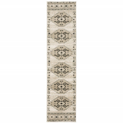 2' X 8' Ivory Grey Black And Ivory Southwestern Power Loom Stain Resistant Runner Rug