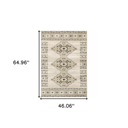 4' X 6' Ivory Grey Black And Ivory Southwestern Power Loom Stain Resistant Area Rug