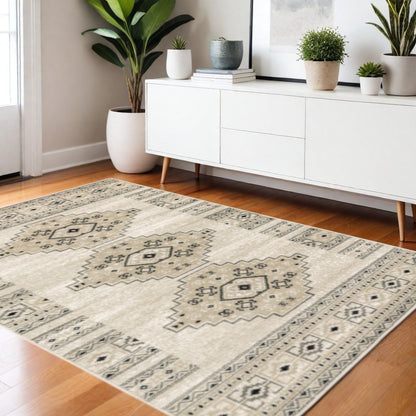 4' X 6' Ivory Grey Black And Ivory Southwestern Power Loom Stain Resistant Area Rug