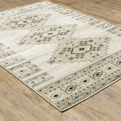 4' X 6' Ivory Grey Black And Ivory Southwestern Power Loom Stain Resistant Area Rug