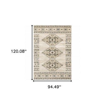 8' X 10' Ivory Grey Black And Ivory Southwestern Power Loom Stain Resistant Area Rug