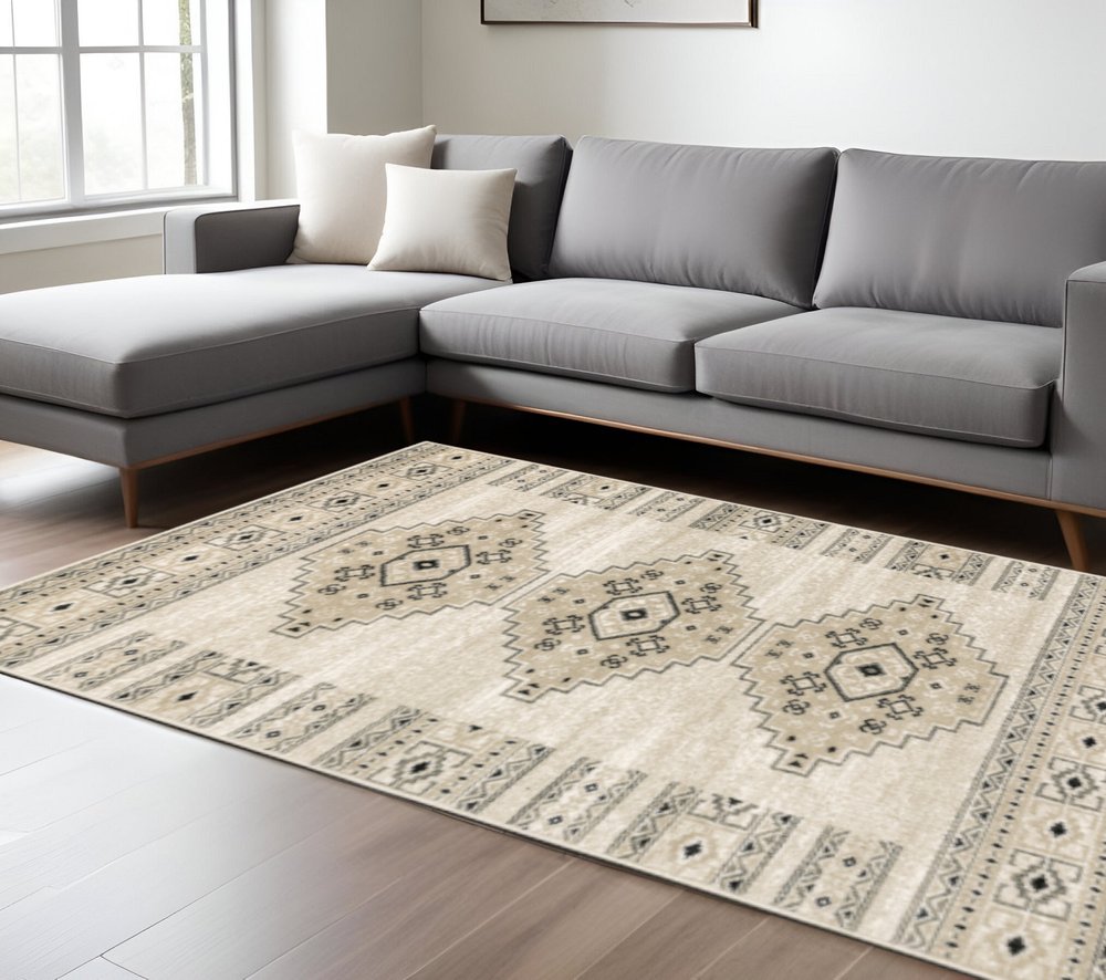 8' X 10' Ivory Grey Black And Ivory Southwestern Power Loom Stain Resistant Area Rug