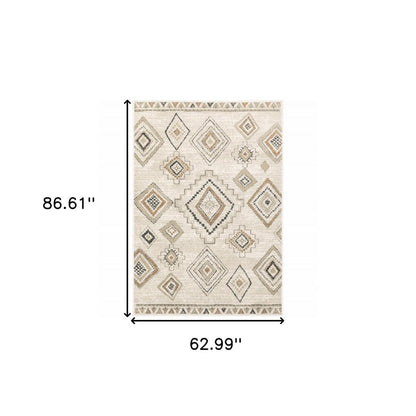 5' X 7' Ivory Orange Tan Black And Grey Southwestern Power Loom Stain Resistant Area Rug