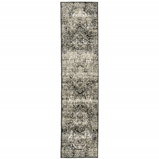2' X 8' Black Grey Tan And Ivory Oriental Power Loom Stain Resistant Runner Rug