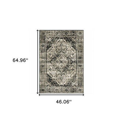 4' X 6' Black Grey Tan And Ivory Oriental Power Loom Stain Resistant Area Rug