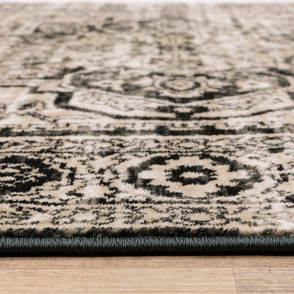 4' X 6' Black Grey Tan And Ivory Oriental Power Loom Stain Resistant Area Rug